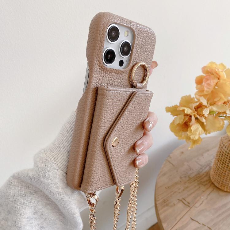 For iPhone 15 Plus Crossbody Mirror Wallet Litchi Vegan Leather Back Phone Case