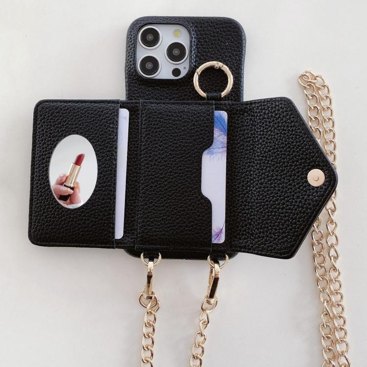 For iPhone 14 Crossbody Mirror Wallet Litchi Vegan Leather Back Phone Case