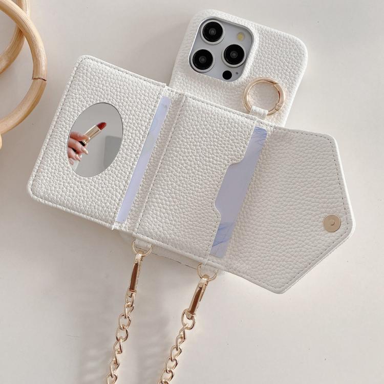For iPhone 14 Crossbody Mirror Wallet Litchi Vegan Leather Back Phone Case