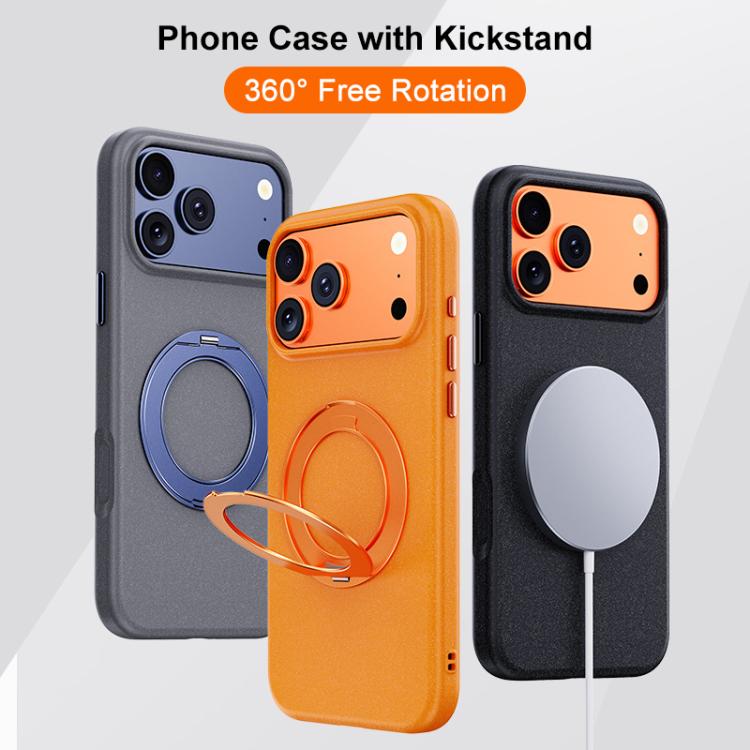 For iPhone 16 Pro Boundless Series Rock Sand Magnetic Phone Case with 360 Degree Rotating Alloy Stand