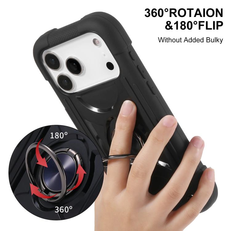 For iPhone 17 Pro Dual Ring 360 Degree Rotation Holder PC Hybrid Silicone Phone Case