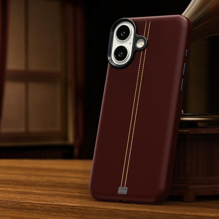 For iPhone 16 Plus Jazz Series Retro Vegan Leather Textured Metal Frame Magnetic Phone Case