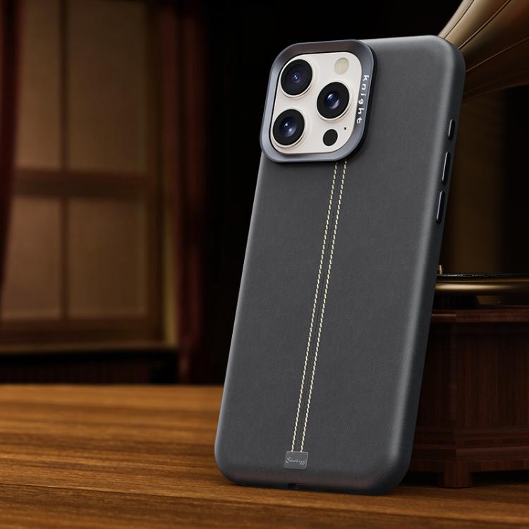 For iPhone 15 Pro Max Jazz Series Retro Vegan Leather Textured Metal Frame Magnetic Phone Case