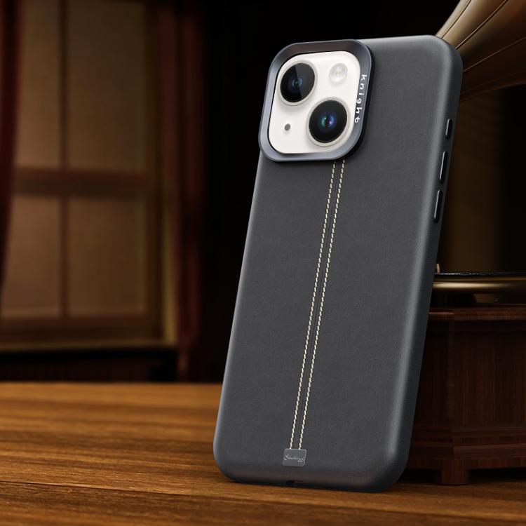 For iPhone 15 Plus / 14 Plus Jazz Series Retro Vegan Leather Textured Metal Frame Magnetic Phone Case