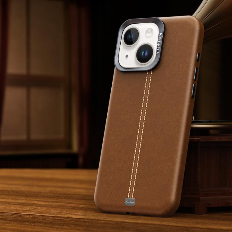 For iPhone 15 Jazz Series Retro Vegan Leather Textured Metal Frame Magnetic Phone Case