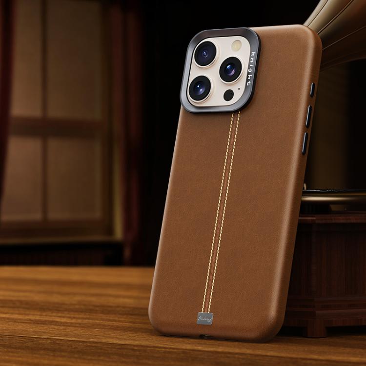 For iPhone 14 Pro Max Jazz Series Retro Vegan Leather Textured Metal Frame Magnetic Phone Case