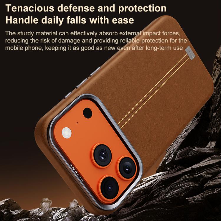 For iPhone 15 Jazz Series Retro Vegan Leather Textured Metal Frame Magnetic Phone Case