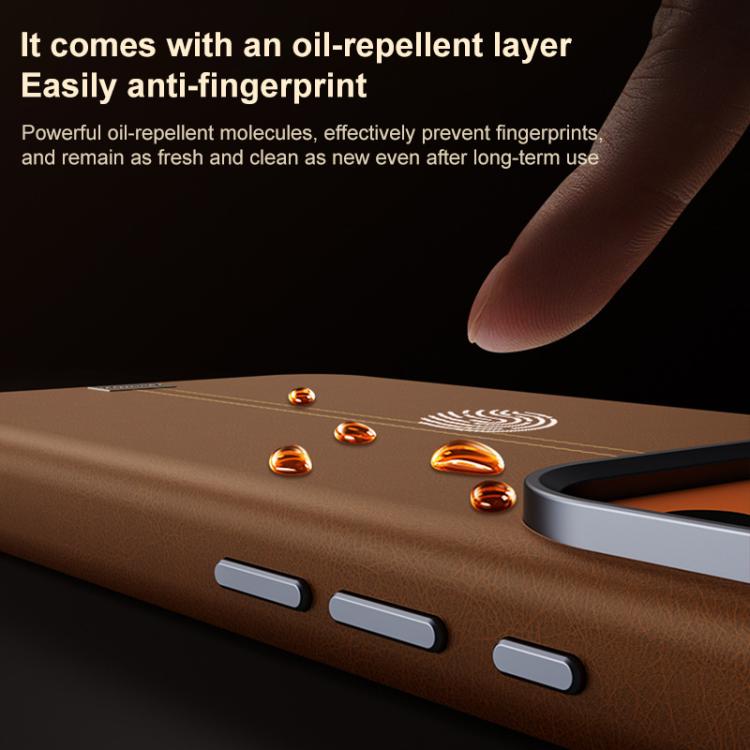 For iPhone 17 Pro Jazz Series Retro Vegan Leather Textured Metal Frame Magnetic Phone Case