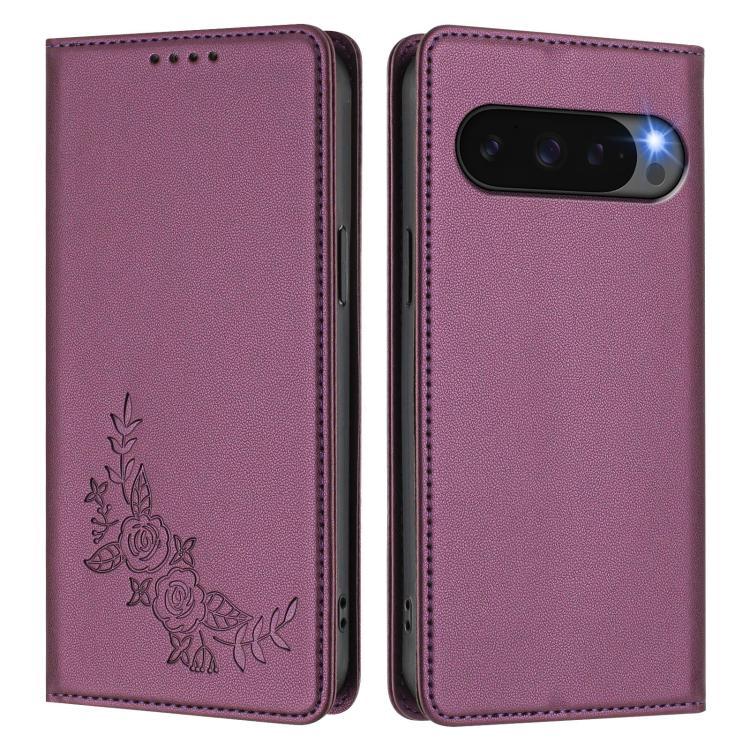 For Google Pixel 10 / 10 Pro / 9 / 9 Pro Peony Embossed Magnetic RFID Vegan Leather Phone Case
