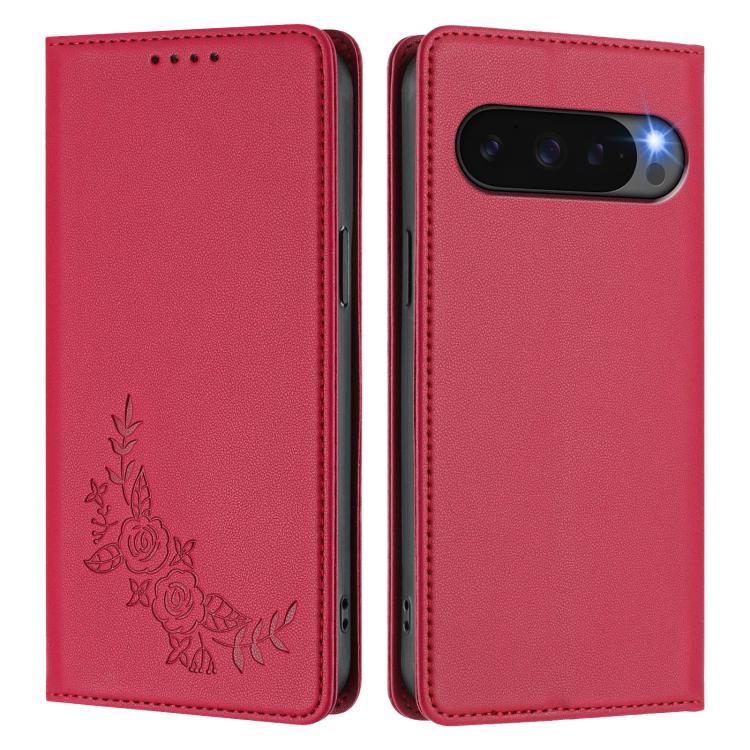 For Google Pixel 10 / 10 Pro / 9 / 9 Pro Peony Embossed Magnetic RFID Vegan Leather Phone Case