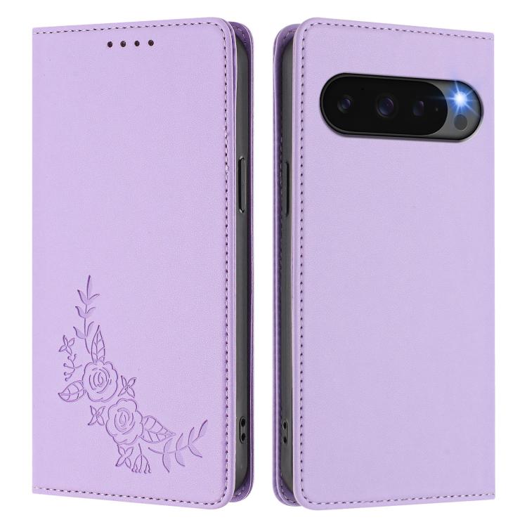 For Google Pixel 10 / 10 Pro / 9 / 9 Pro Peony Embossed Magnetic RFID Vegan Leather Phone Case