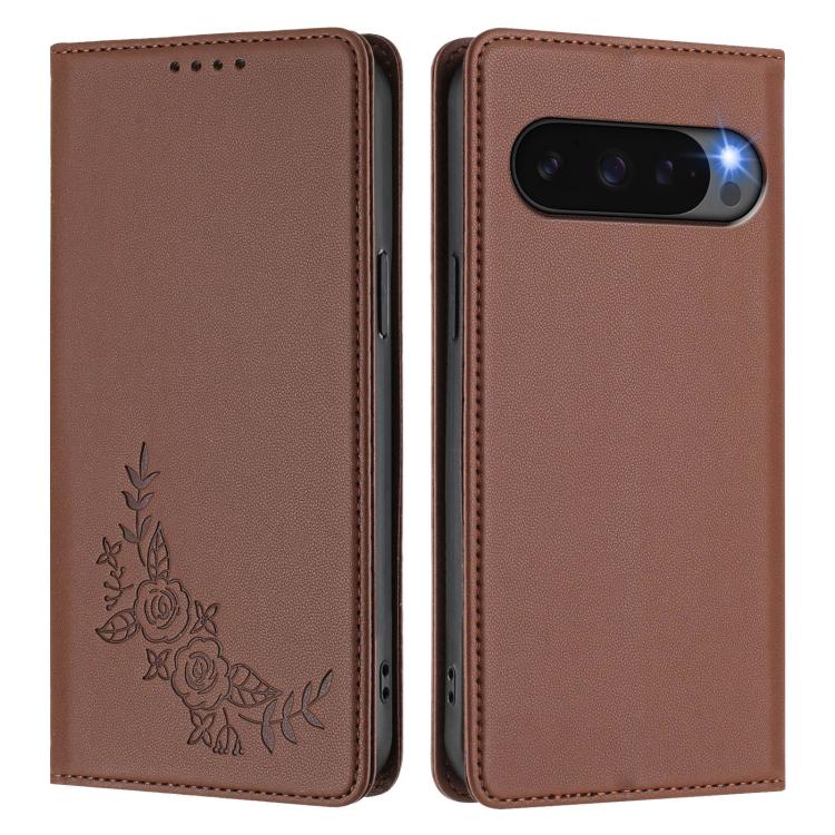 For Google Pixel 10 / 10 Pro / 9 / 9 Pro Peony Embossed Magnetic RFID Vegan Leather Phone Case