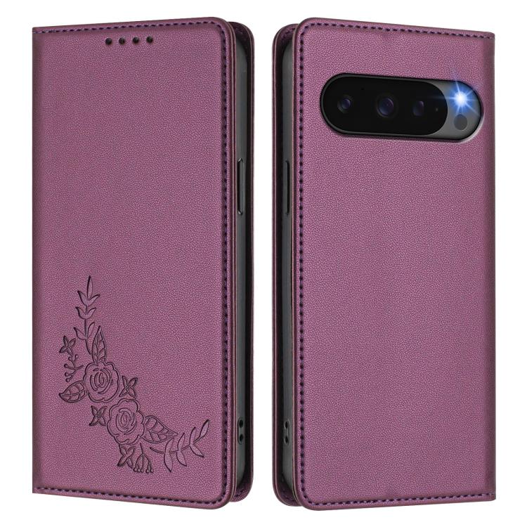 For Google Pixel 10 Pro XL / 9 Pro XL Peony Embossed Magnetic RFID Vegan Leather Phone Case