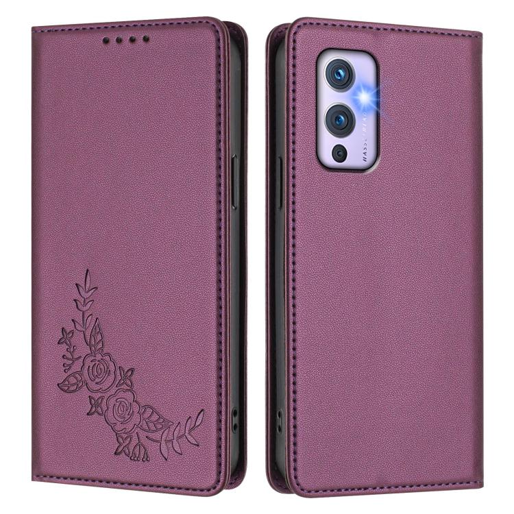 For OnePlus 9 Peony Embossed Magnetic RFID Vegan Leather Phone Case