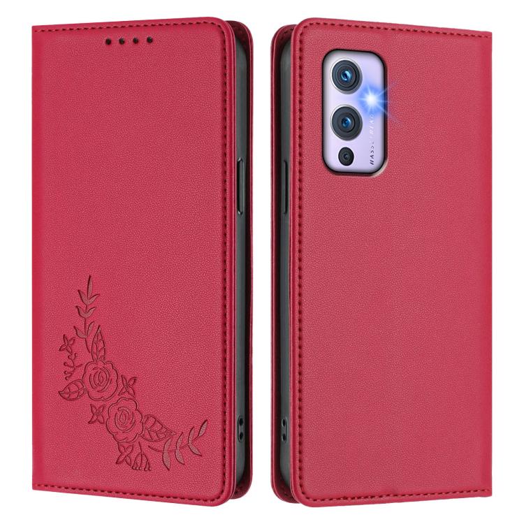 For OnePlus 9 Peony Embossed Magnetic RFID Vegan Leather Phone Case