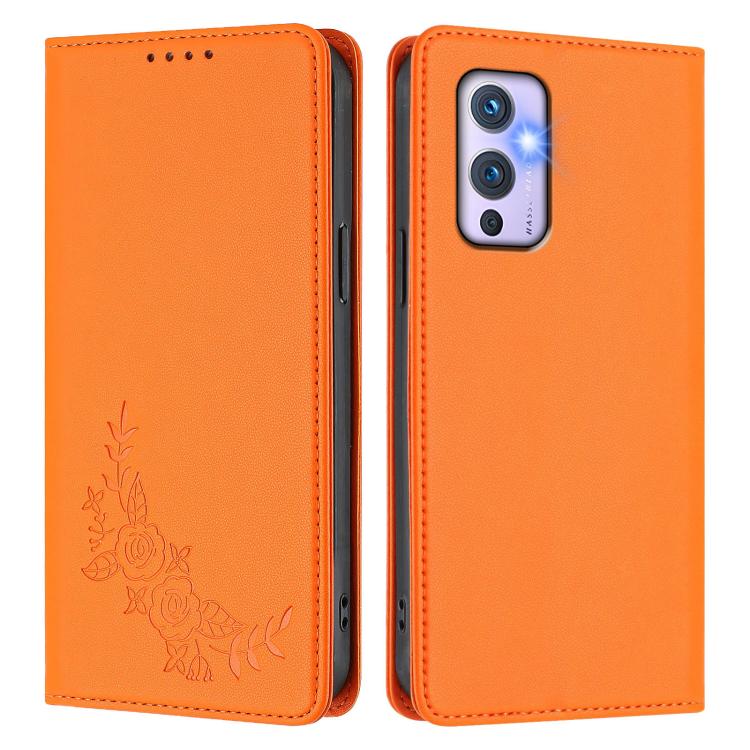 For OnePlus 9 Peony Embossed Magnetic RFID Vegan Leather Phone Case