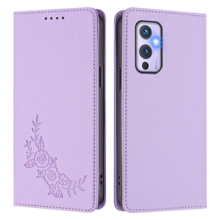 For OnePlus 9 Peony Embossed Magnetic RFID Vegan Leather Phone Case