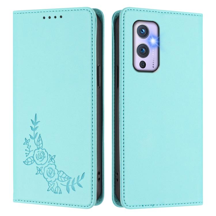 For OnePlus 9 Peony Embossed Magnetic RFID Vegan Leather Phone Case