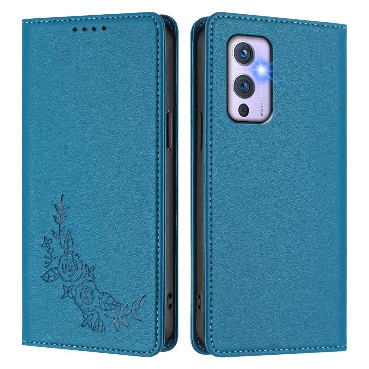 For OnePlus 9 Peony Embossed Magnetic RFID Vegan Leather Phone Case