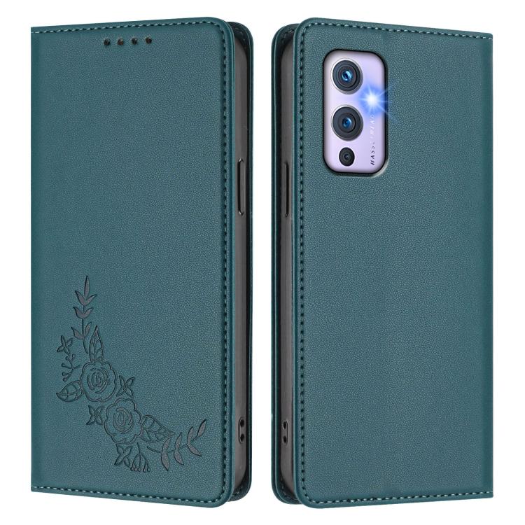 For OnePlus 9 Peony Embossed Magnetic RFID Vegan Leather Phone Case