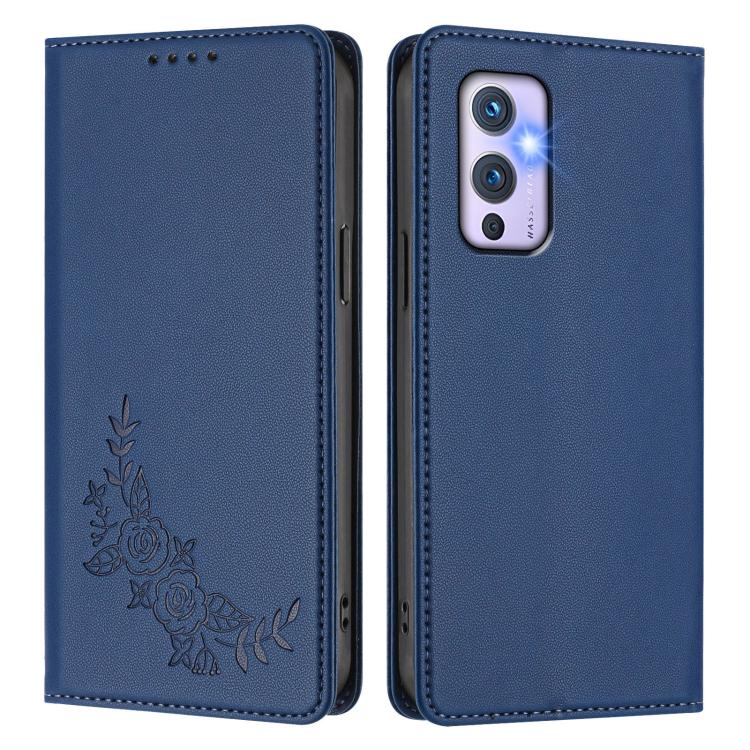 For OnePlus 9 Peony Embossed Magnetic RFID Vegan Leather Phone Case