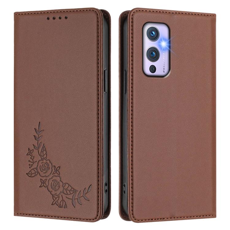 For OnePlus 9 Peony Embossed Magnetic RFID Vegan Leather Phone Case