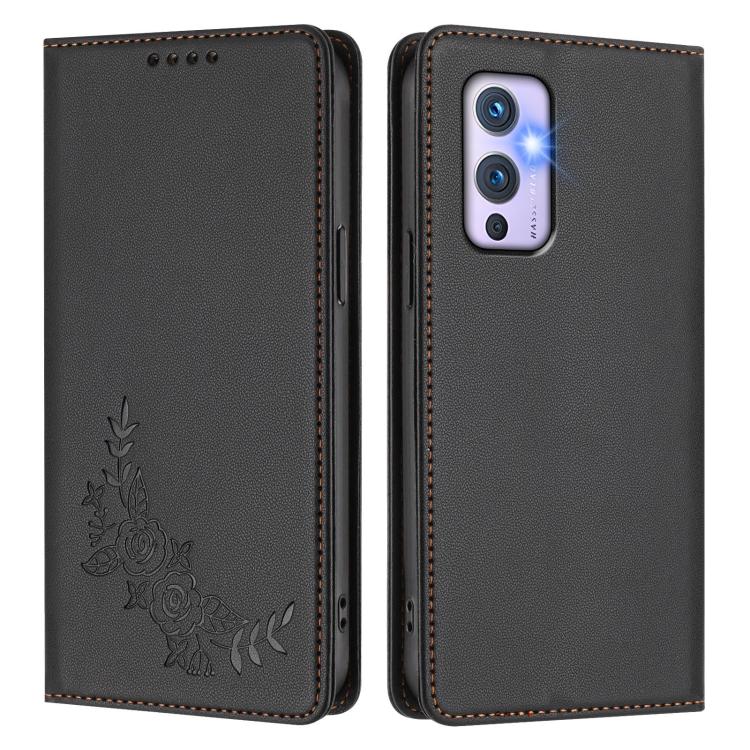 For OnePlus 9 Peony Embossed Magnetic RFID Vegan Leather Phone Case