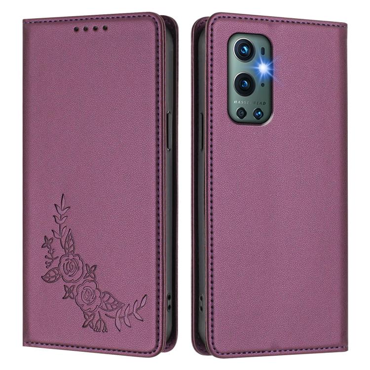 For OnePlus 9 Pro Peony Embossed Magnetic RFID Vegan Leather Phone Case