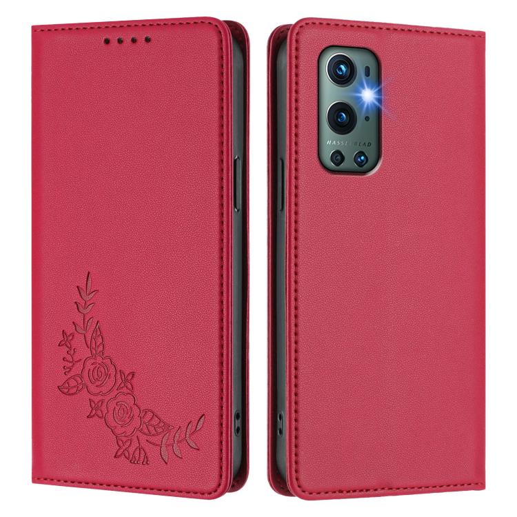 For OnePlus 9 Pro Peony Embossed Magnetic RFID Vegan Leather Phone Case