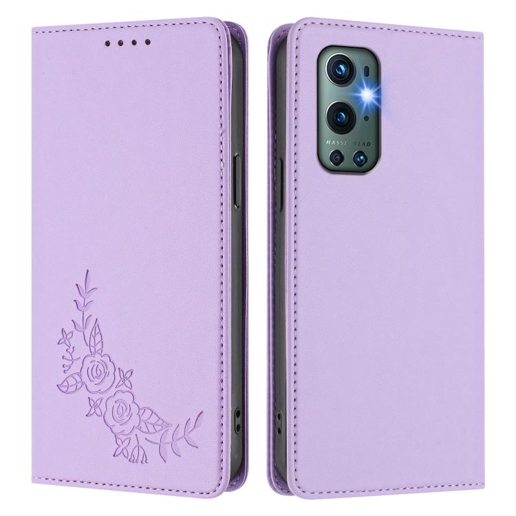 For OnePlus 9 Pro Peony Embossed Magnetic RFID Vegan Leather Phone Case