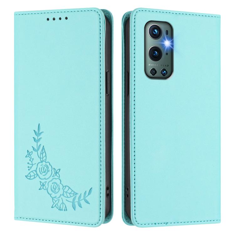For OnePlus 9 Pro Peony Embossed Magnetic RFID Vegan Leather Phone Case