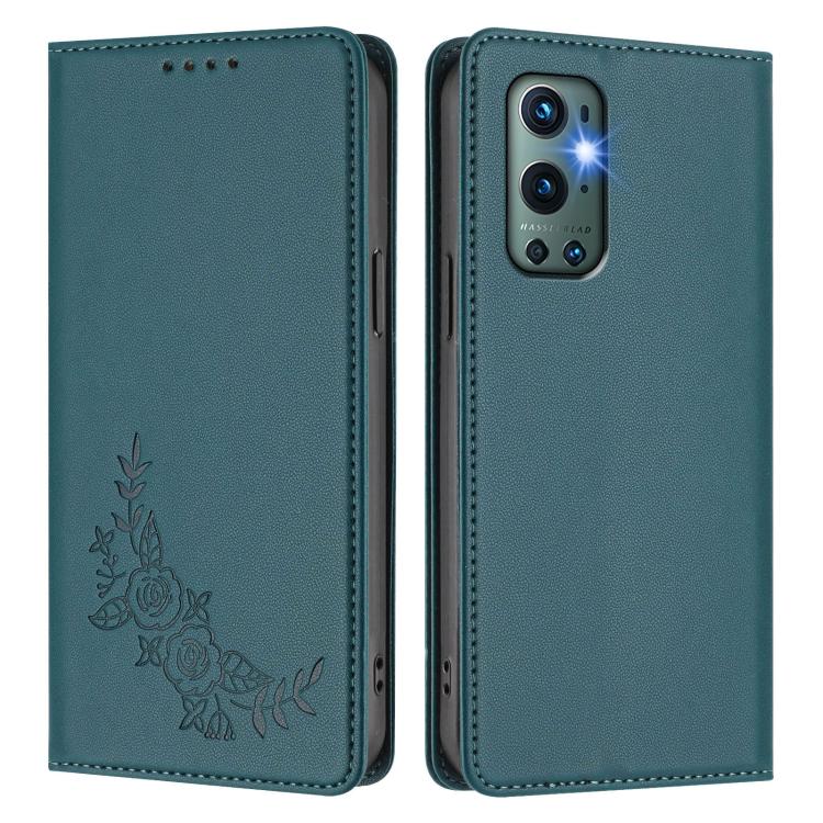 For OnePlus 9 Pro Peony Embossed Magnetic RFID Vegan Leather Phone Case
