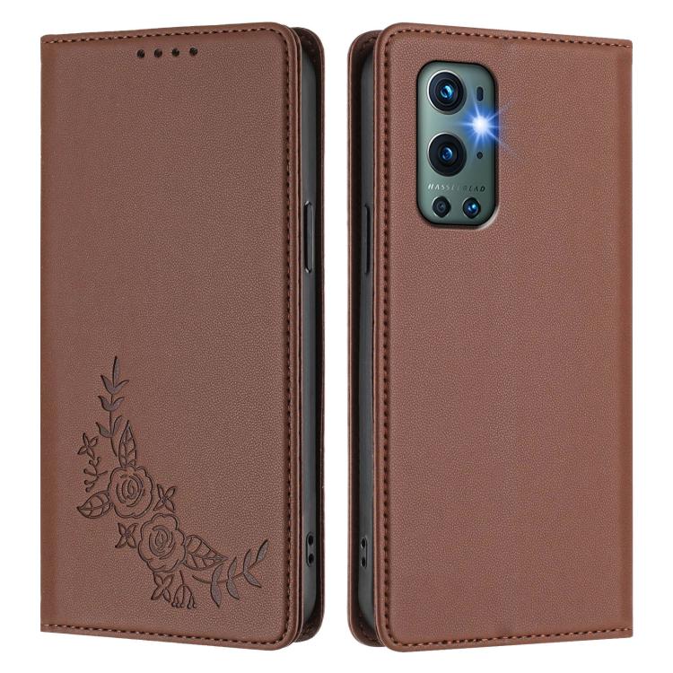 For OnePlus 9 Pro Peony Embossed Magnetic RFID Vegan Leather Phone Case