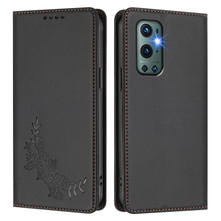 For OnePlus 9 Pro Peony Embossed Magnetic RFID Vegan Leather Phone Case