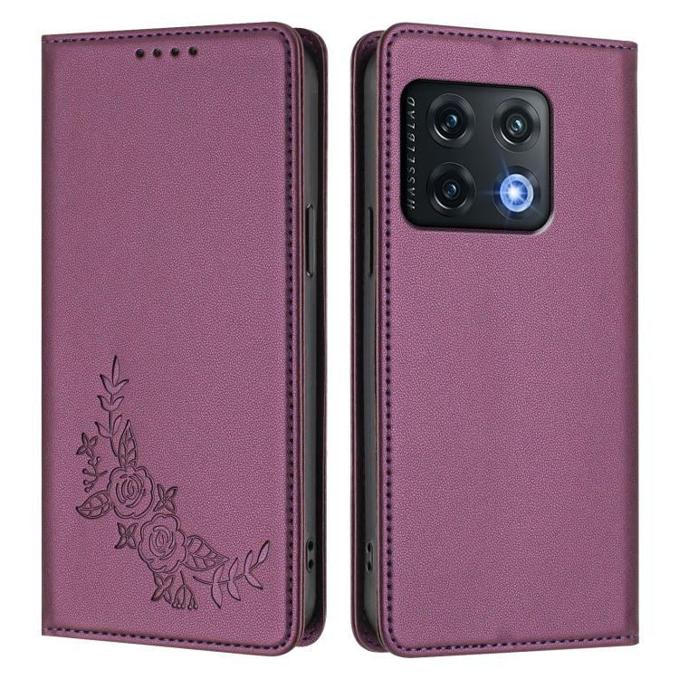 For OnePlus 10 Pro 5G Peony Embossed Magnetic RFID Vegan Leather Phone Case