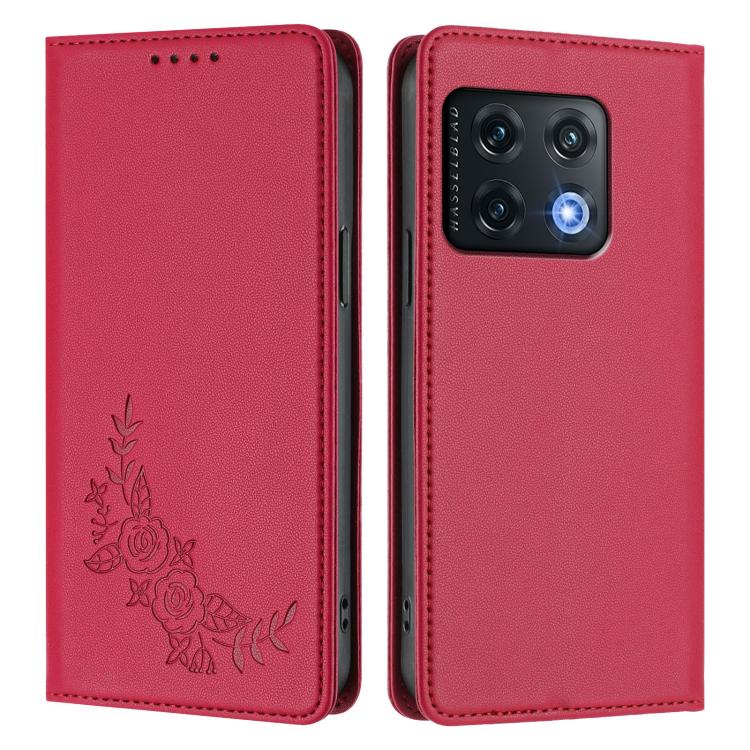 For OnePlus 10 Pro 5G Peony Embossed Magnetic RFID Vegan Leather Phone Case