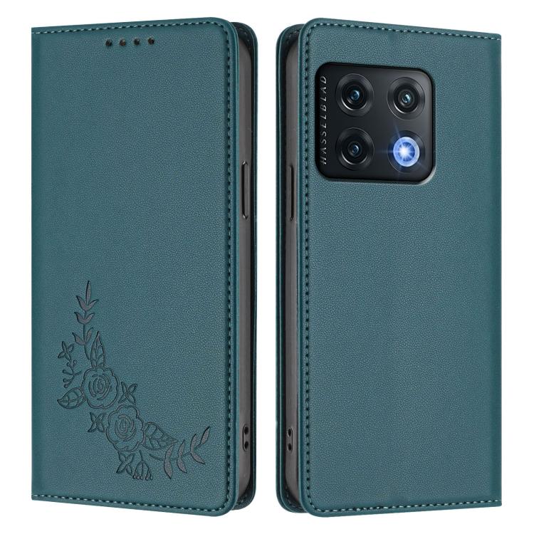 For OnePlus 10 Pro 5G Peony Embossed Magnetic RFID Vegan Leather Phone Case