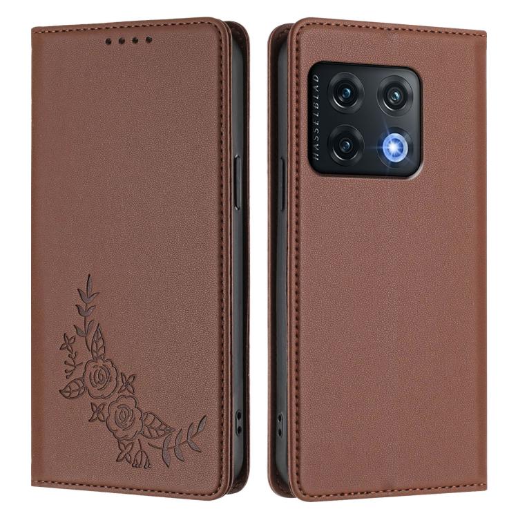 For OnePlus 10 Pro 5G Peony Embossed Magnetic RFID Vegan Leather Phone Case