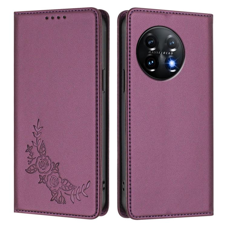 For OnePlus 11 Peony Embossed Magnetic RFID Vegan Leather Phone Case