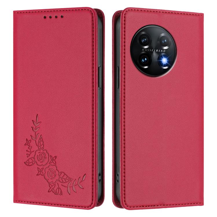 For OnePlus 11 Peony Embossed Magnetic RFID Vegan Leather Phone Case