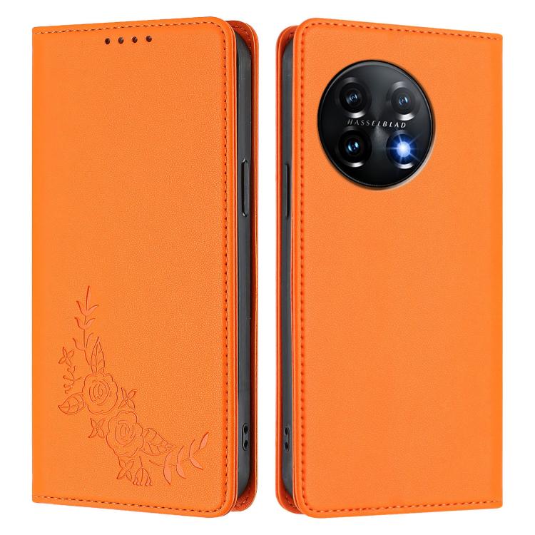 For OnePlus 11 Peony Embossed Magnetic RFID Vegan Leather Phone Case
