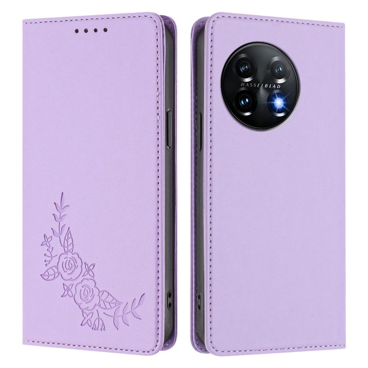 For OnePlus 11 Peony Embossed Magnetic RFID Vegan Leather Phone Case