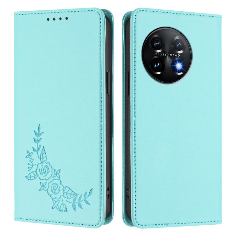 For OnePlus 11 Peony Embossed Magnetic RFID Vegan Leather Phone Case