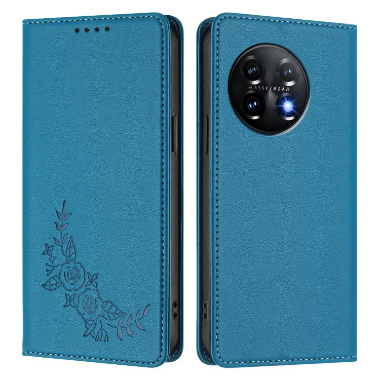 For OnePlus 11 Peony Embossed Magnetic RFID Vegan Leather Phone Case