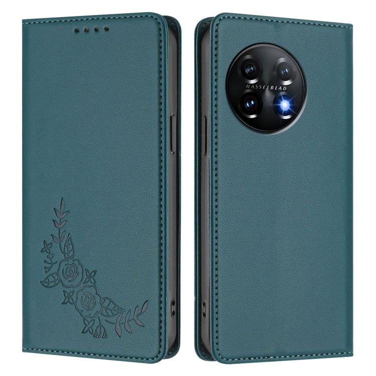 For OnePlus 11 Peony Embossed Magnetic RFID Vegan Leather Phone Case