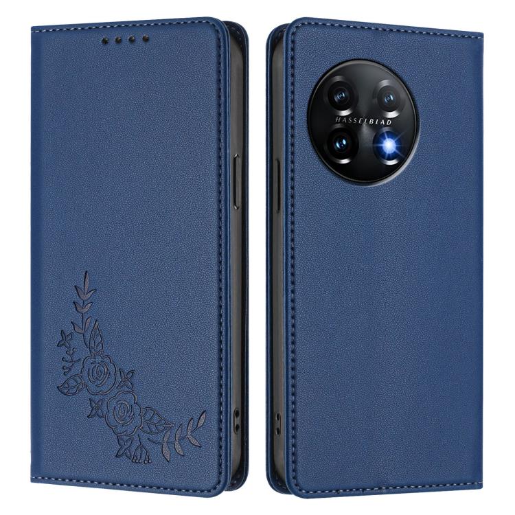 For OnePlus 11 Peony Embossed Magnetic RFID Vegan Leather Phone Case