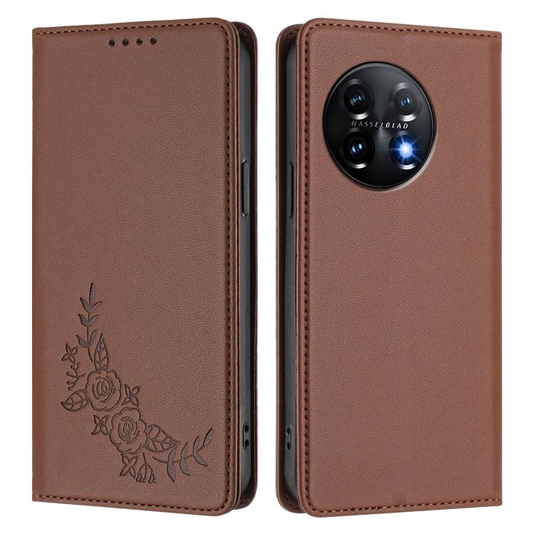 For OnePlus 11 Peony Embossed Magnetic RFID Vegan Leather Phone Case