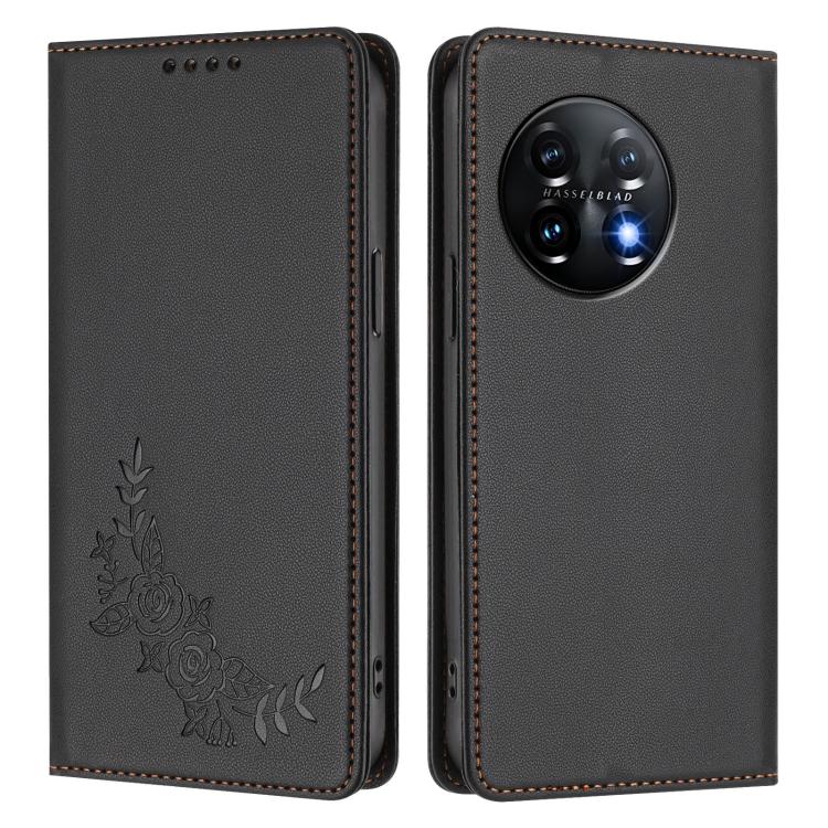 For OnePlus 11 Peony Embossed Magnetic RFID Vegan Leather Phone Case