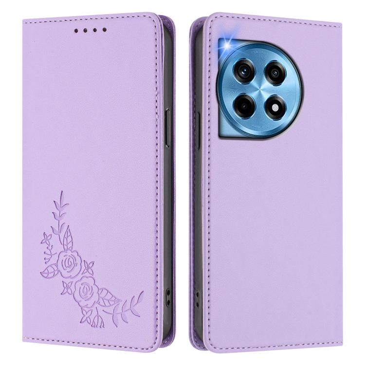 For OnePlus 12 5G Peony Embossed Magnetic RFID Vegan Leather Phone Case