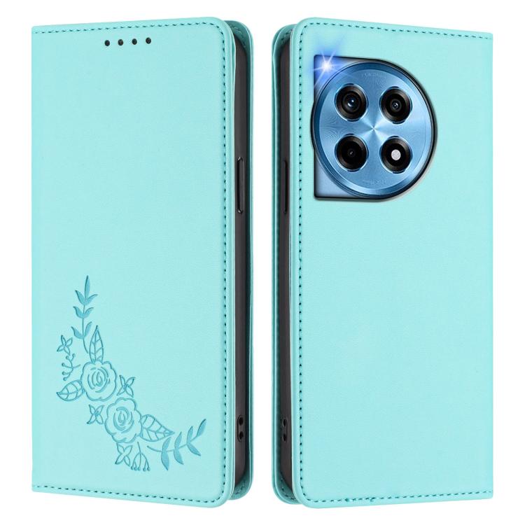 For OnePlus 12 5G Peony Embossed Magnetic RFID Vegan Leather Phone Case